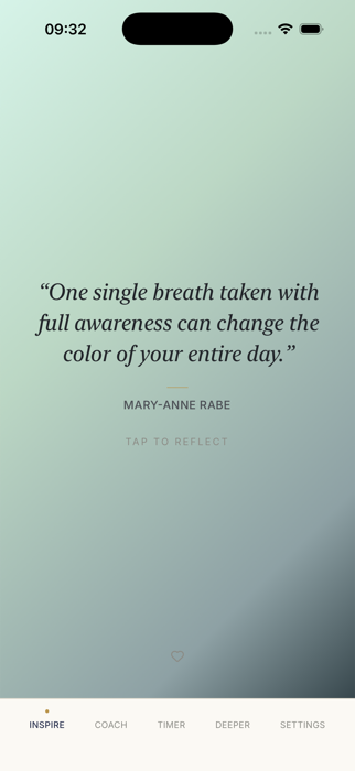 The Inspire screen in the Embering app, showing today's quote on the Forest Sage canvas